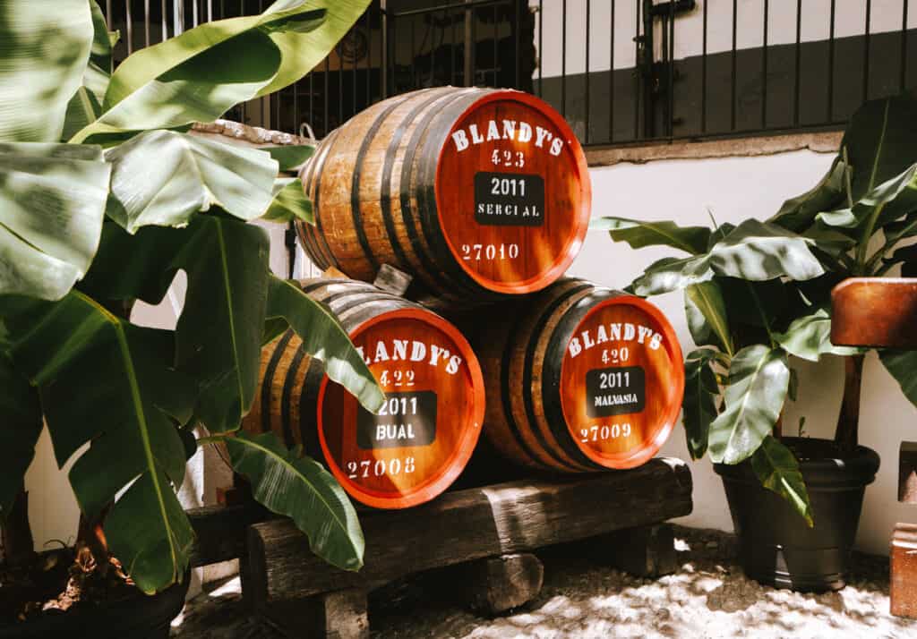 wine barrels stacked on top of eachother outside a famous Madeira Winery, Blandy's Wine Lodge